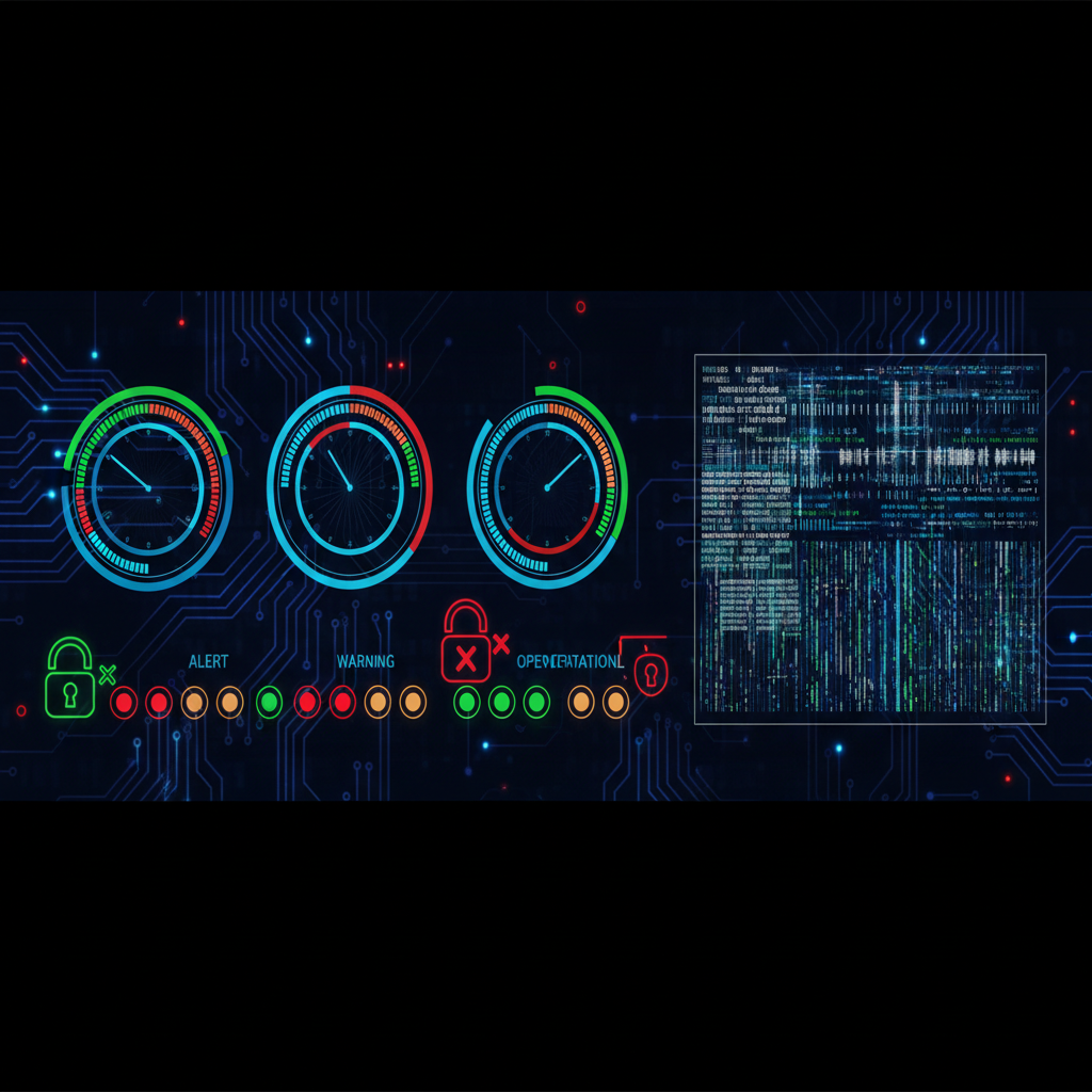 High-tech database administrator dashboard mockup with colorful gauges, status lights, security locks, and scrolling server logs, dark mode interface