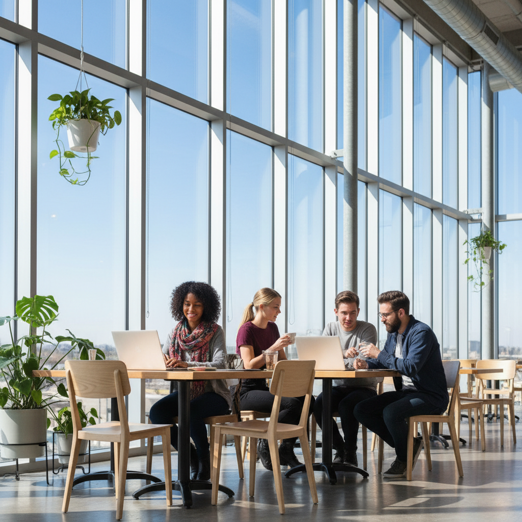 Diverse group of young professionals working on laptops in a bright airy cafe with floor-to-ceiling windows showing blue sky, photorealistic