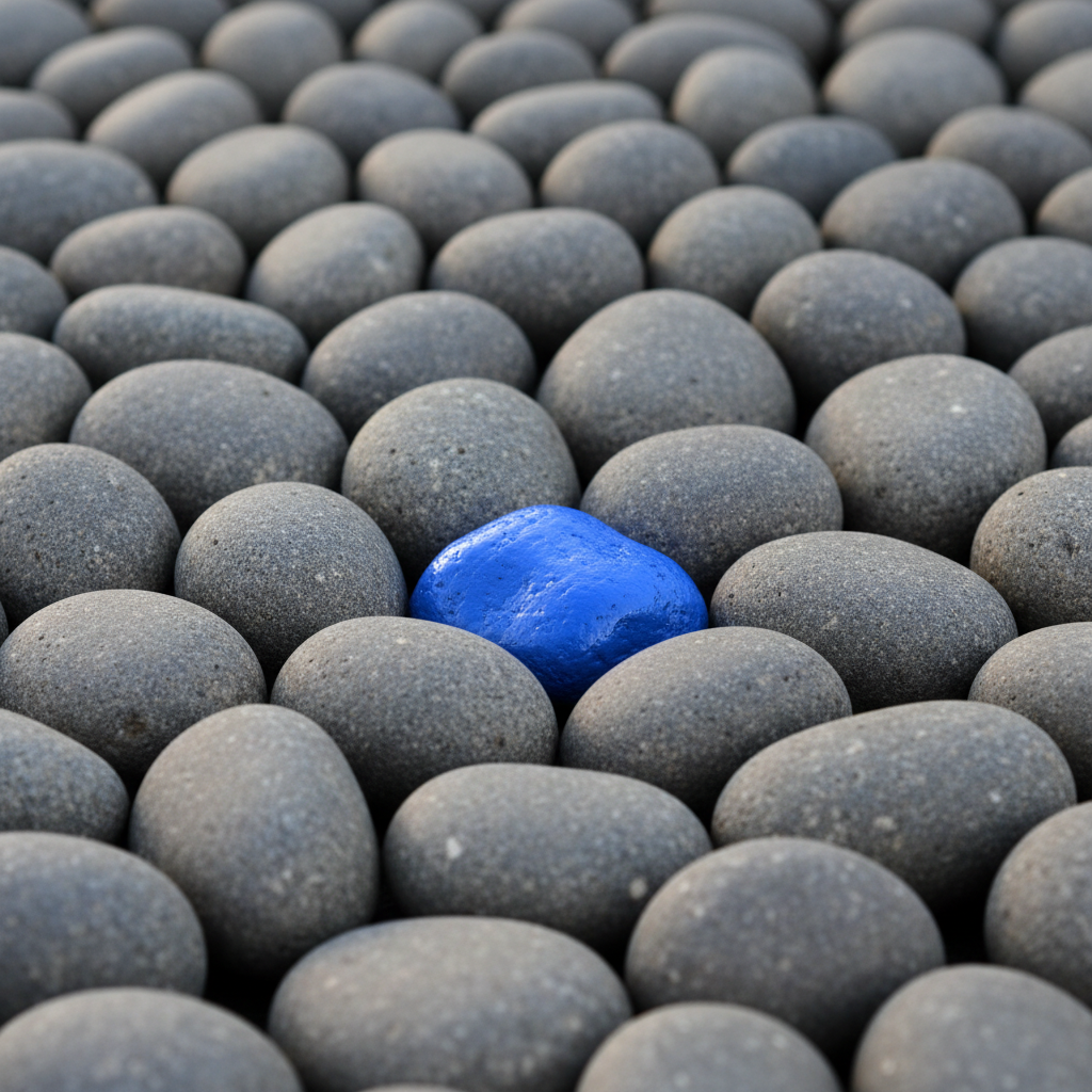 A close up photo of many identical grey river stones, with one single stone painted a bright, jarring cobalt blue. The stones are tightly packed together. High texture, soft daylight.