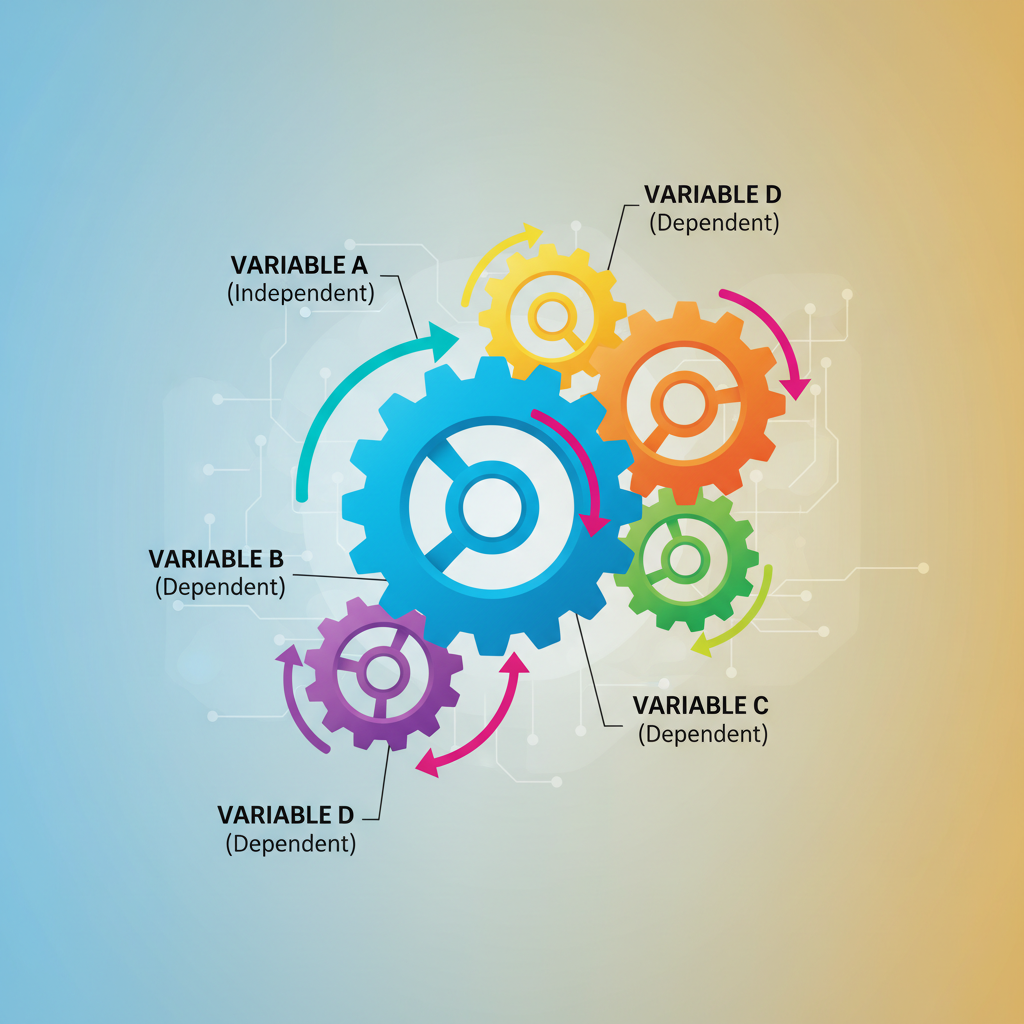 illustration of interconnected gears or cogwheels turning each other, symbolizing dependent variables, bright colors, educational style