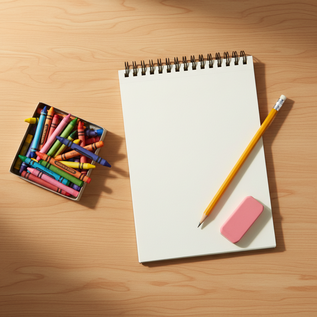 A neat arrangement of school art supplies: a notebook, colorful crayons, a yellow pencil, and a pink eraser on a wooden desk.