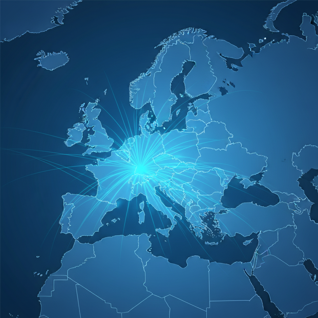 Abstract map of Europe with logistics connections, glowing lines connecting Baltic countries, clean corporate blue style
