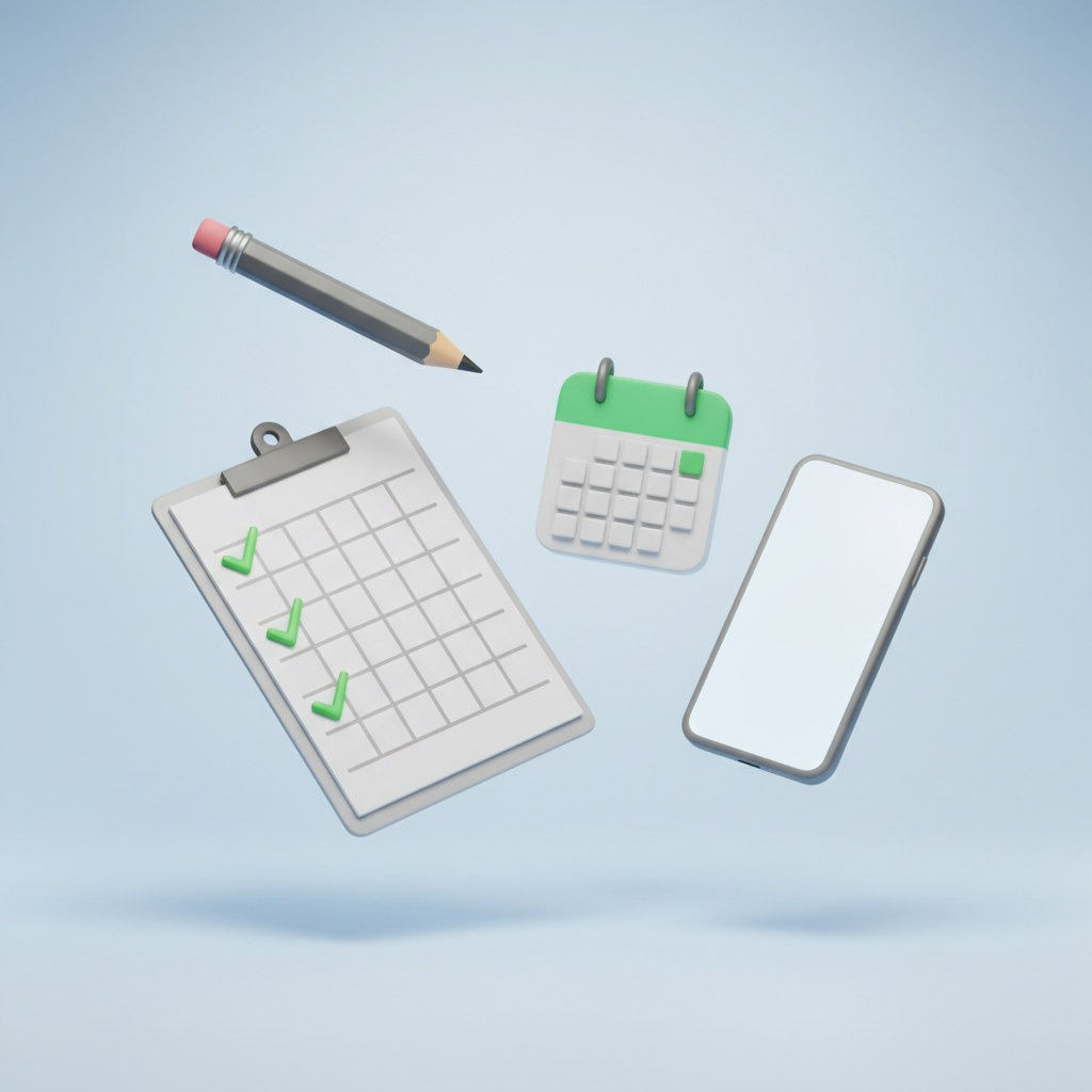 3D render of productivity tools floating: pencil, checklist clipboard, calendar icon, smartphone, clean modern style
