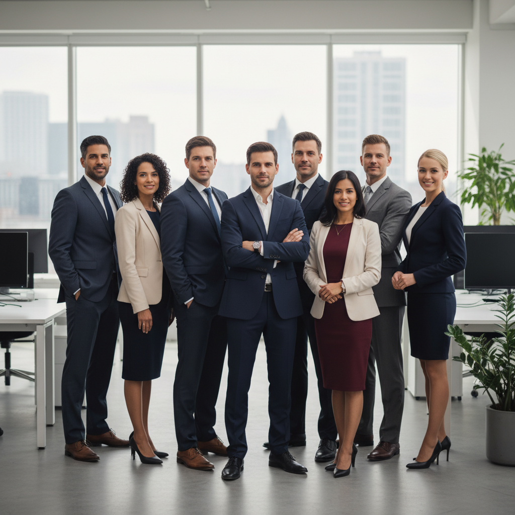 corporate portrait of a diverse professional leadership team standing confidently in a modern office environment, shallow depth of field, high quality