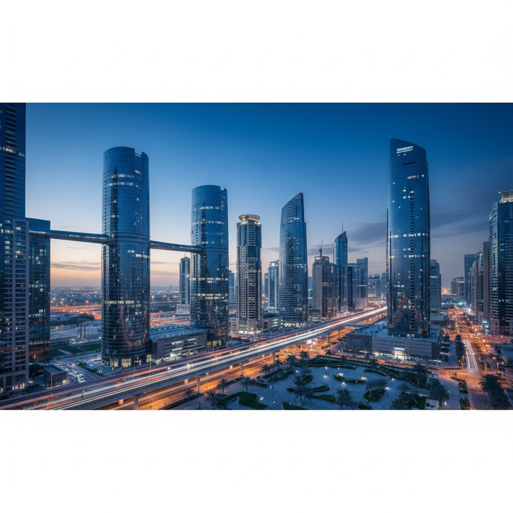 futuristic dubai skyline business district glass skyscrapers blue hour photography professional corporate atmosphere
