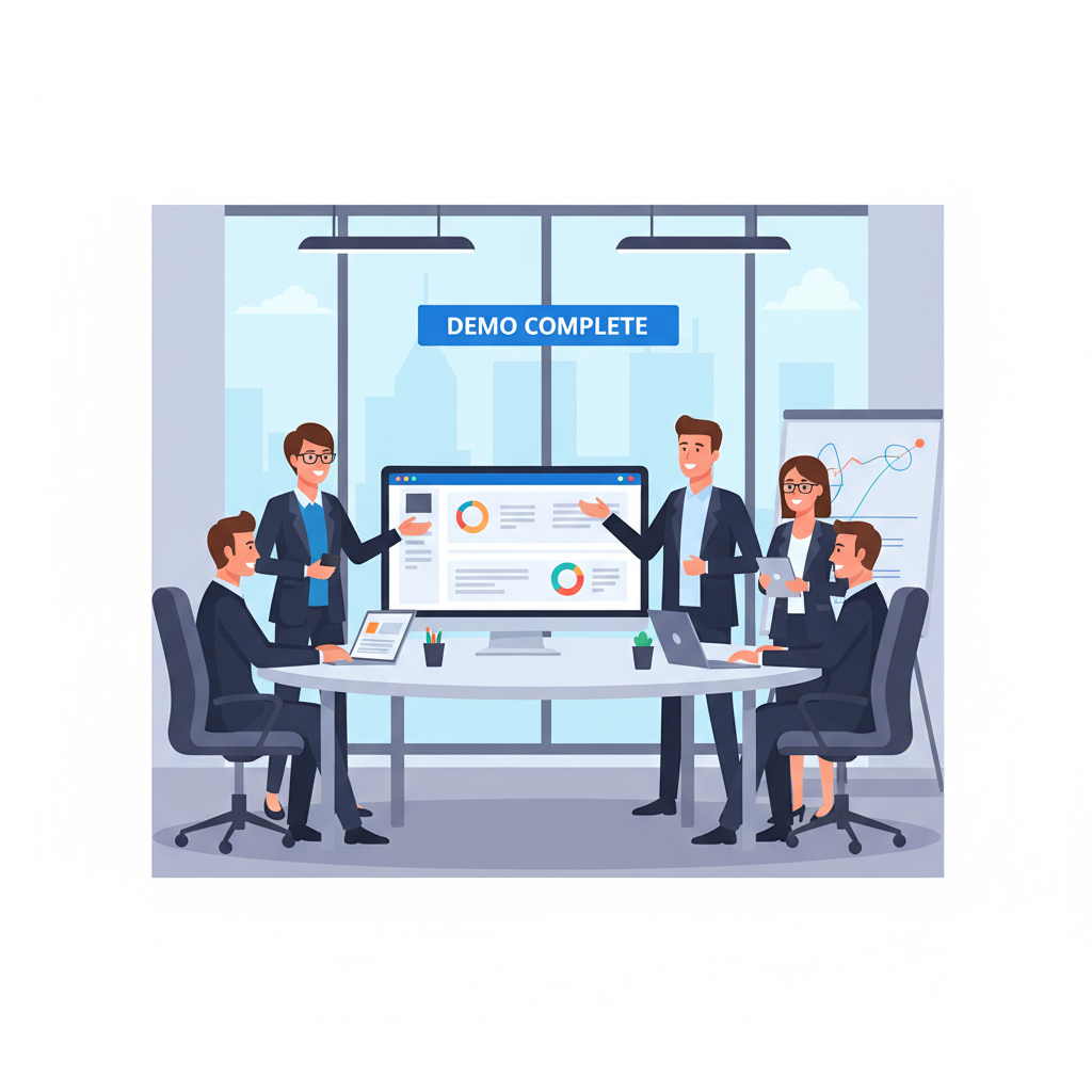software team presenting a product demo to stakeholders, meeting room, laptop screen visible, professional flat illustration, modern corporate style