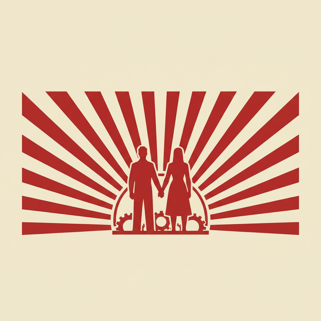 Constructivist art style poster, red and cream colors, geometric sun rays rising behind a silhouette of a couple holding hands, powerful soviet propaganda aesthetic, vector style, no text