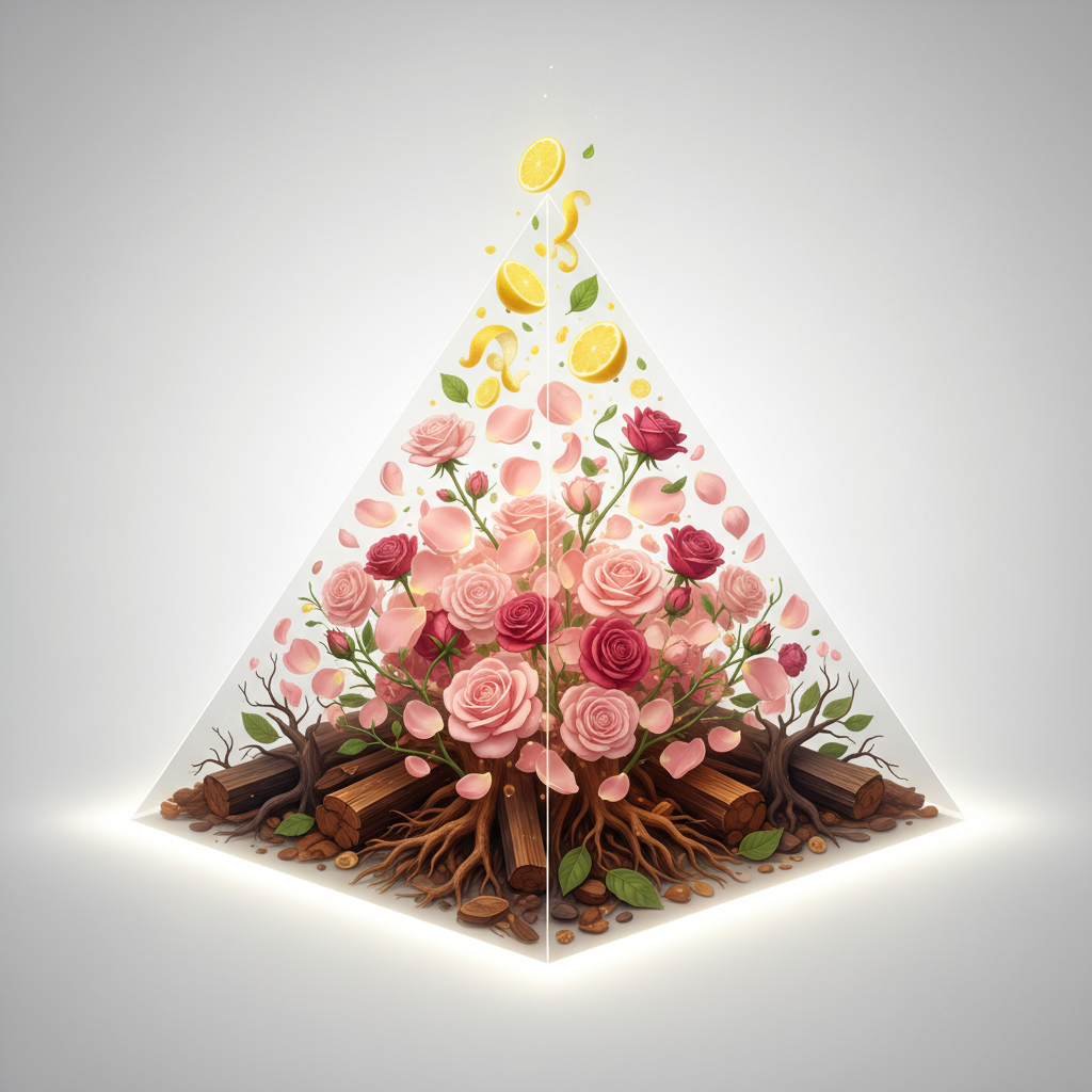 An artistic diagram of an olfactory pyramid, translucent 3D pyramid shape with floating botanical elements like lemon at top, rose in middle, wood at bottom