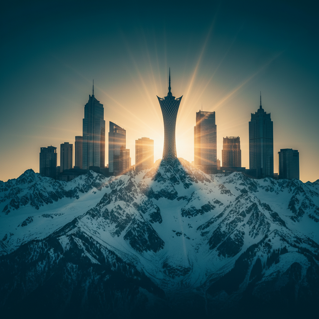 Double exposure photography combining the snow-capped Alatau mountains of Kazakhstan with the modern skyline of Changzhou China and the Global Dinosaur Town tower, golden sun rays, cinematic lighting, cyan and gold color palette