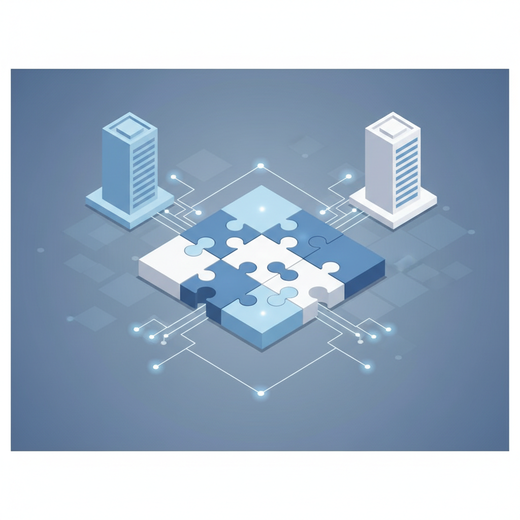 abstract isometric illustration of two companies merging systems, puzzle pieces connecting, clean blue and white style