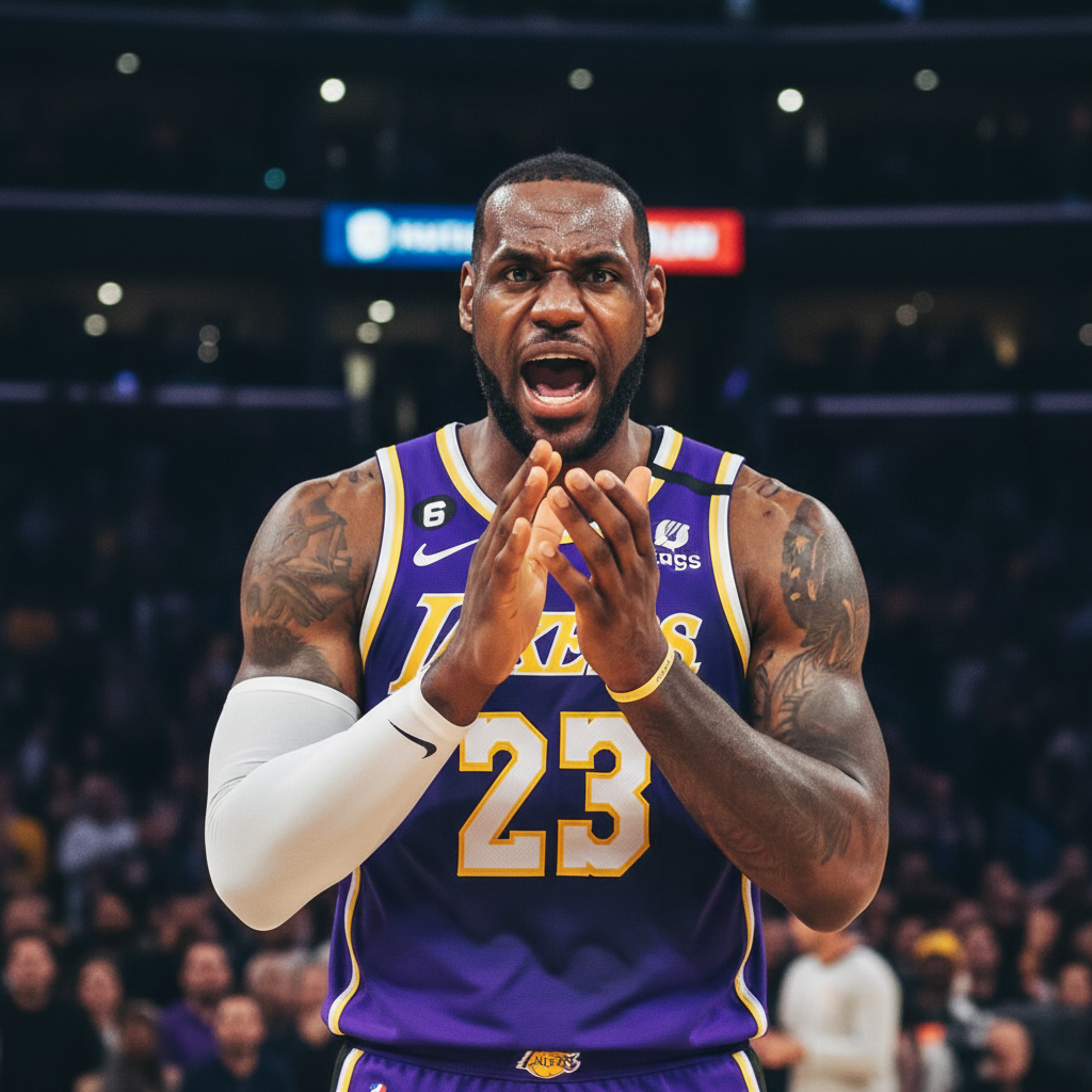 LeBron James clapping his hands after a big play, intense emotion, Lakers jersey