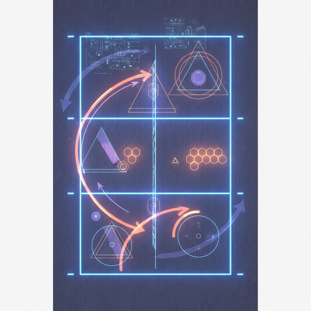 Abstract representation of volleyball tactics and rules, digital graphics overlay on a volleyball court