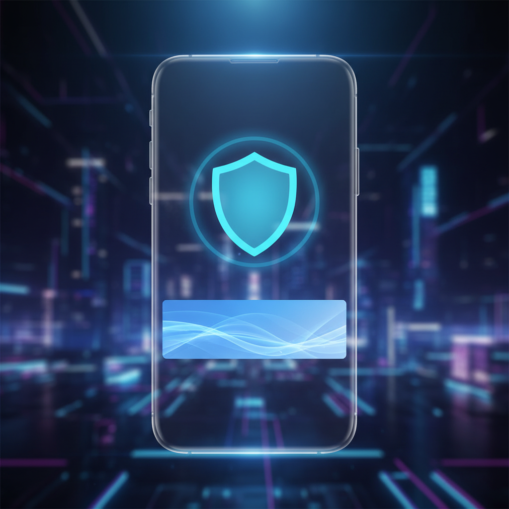 Modern mobile application interface mockup floating in the air, displaying a 'Safe' shield notification, with soft blue lighting and high-tech blurred background