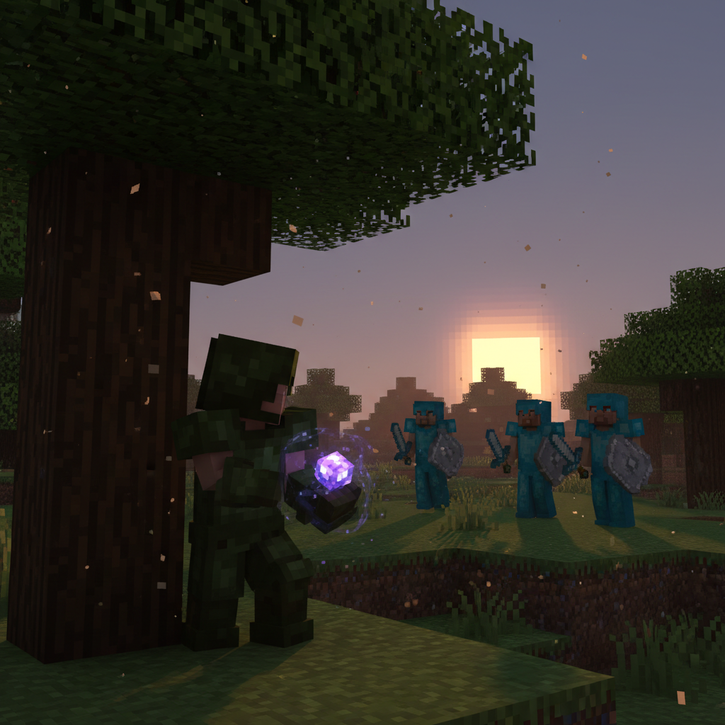 A dramatic scene of a character in green armor clutching an ender pearl, hiding behind a tree while three knights in diamond armor search for him. Minecraft voxel style.