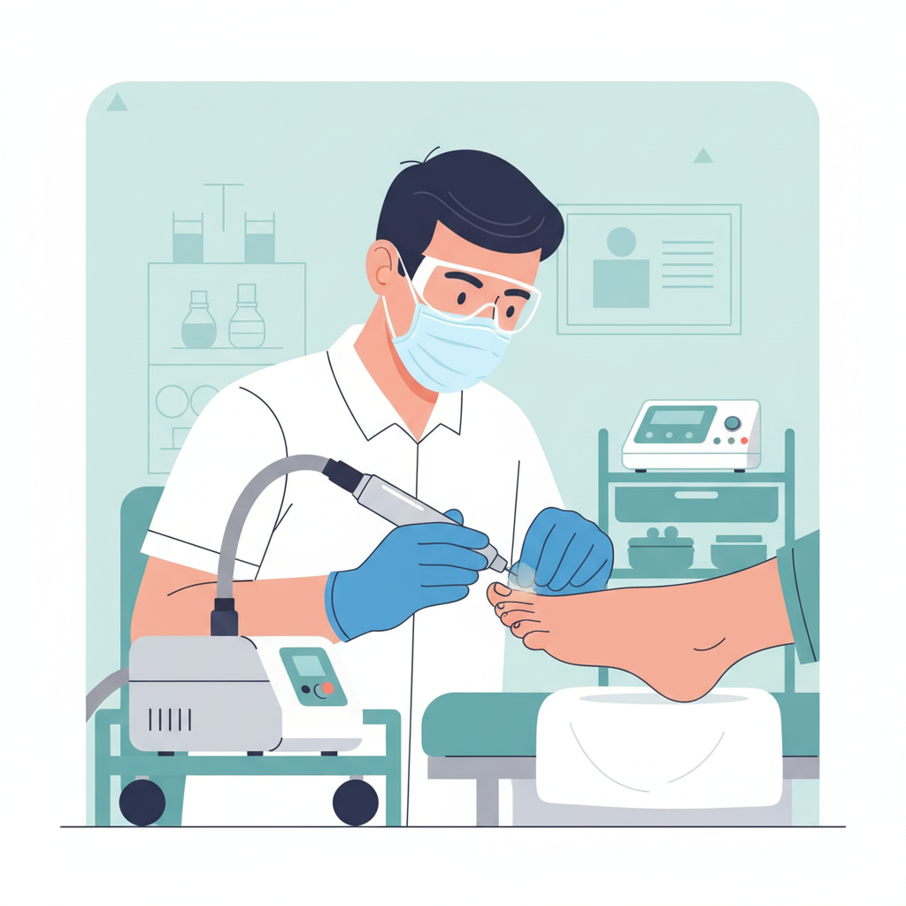 Podiatrist wearing gloves, mask, and safety goggles working on a foot with a dust suction device nearby, realistic vector style