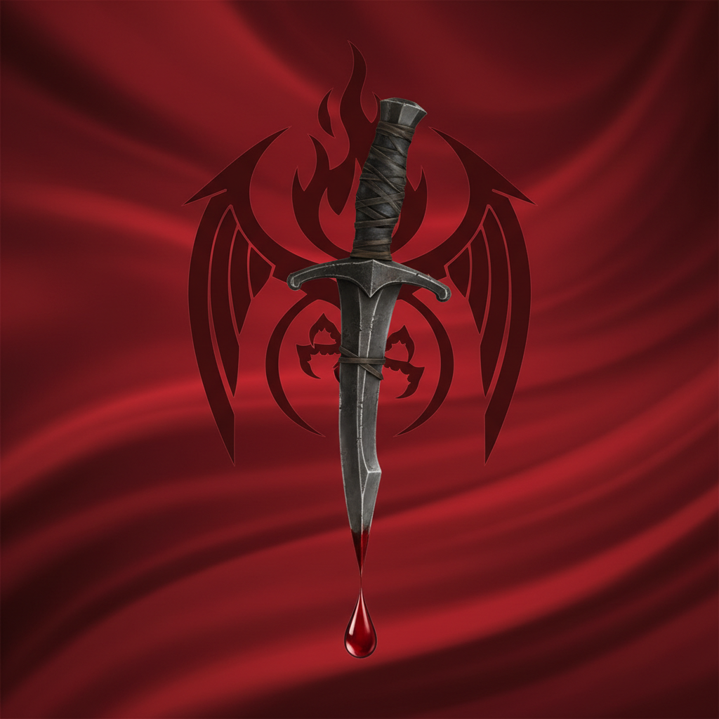 A dagger with a drop of blood, red background, stylized symbol of vengeance