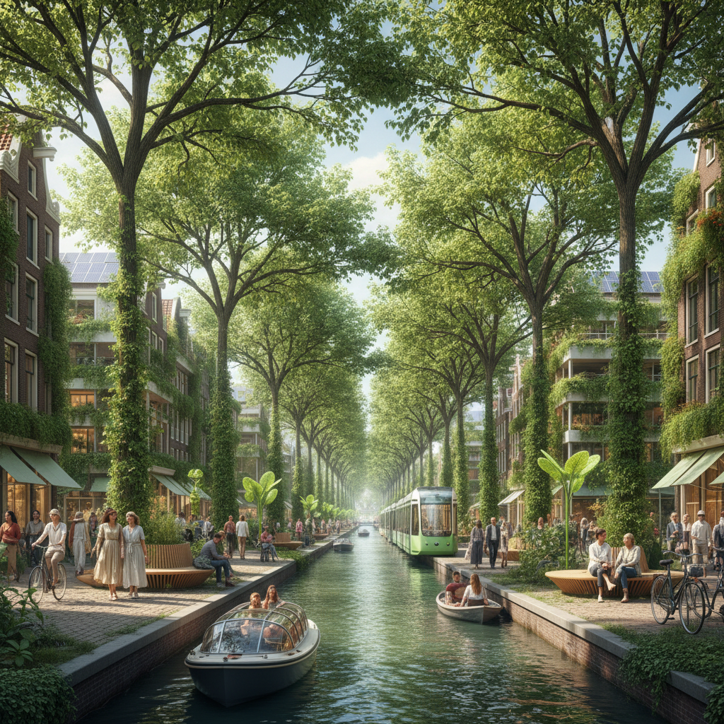 Futuristic green Amsterdam street 2040, trees providing shade, happy people, sustainable city concept, photorealistic
