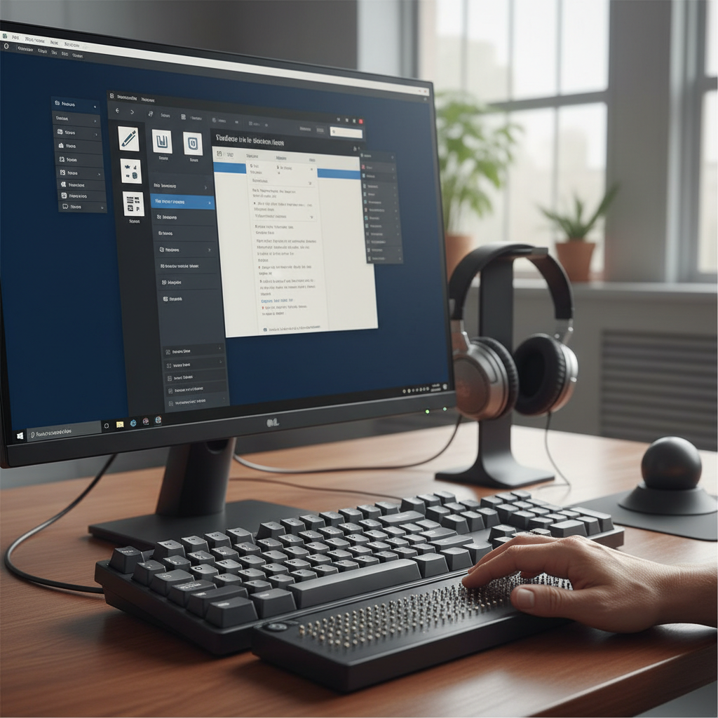 Close up of an accessible computer setup with a braille keyboard display and high contrast screen, technology usage, photorealistic