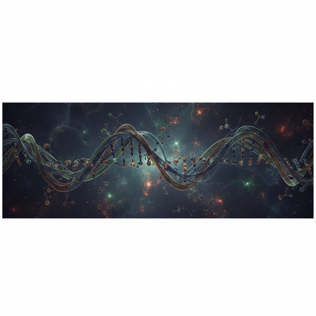 Abstract dark background featuring a stylized biological ladder or helix, muted colors, scientific but ominous mood