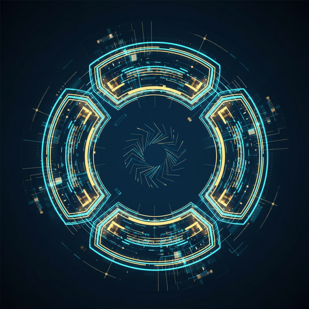 futuristic 5-part segmented circular diagram glowing in cyan and gold, dark blue background, HUD style data visualization representing unity and wholeness