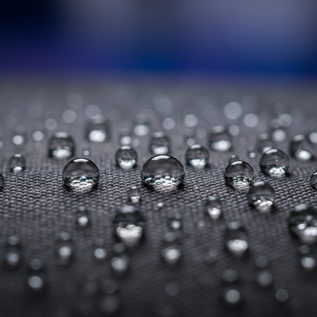 Close-up macro photography of water droplets resting on a hydrophobic dark textile surface, studio lighting, high definition