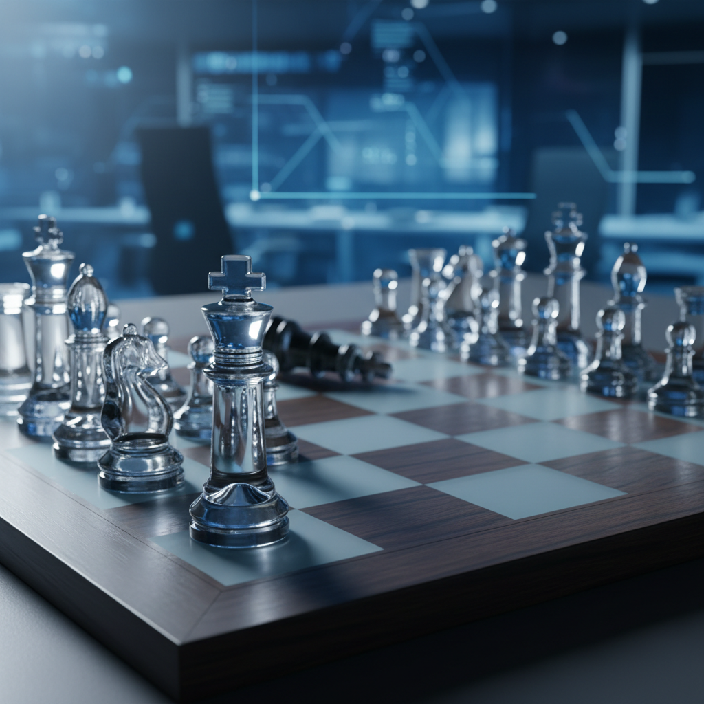 Chess pieces on a board, winning strategy concept, king piece in focus, blue lighting, business strategy