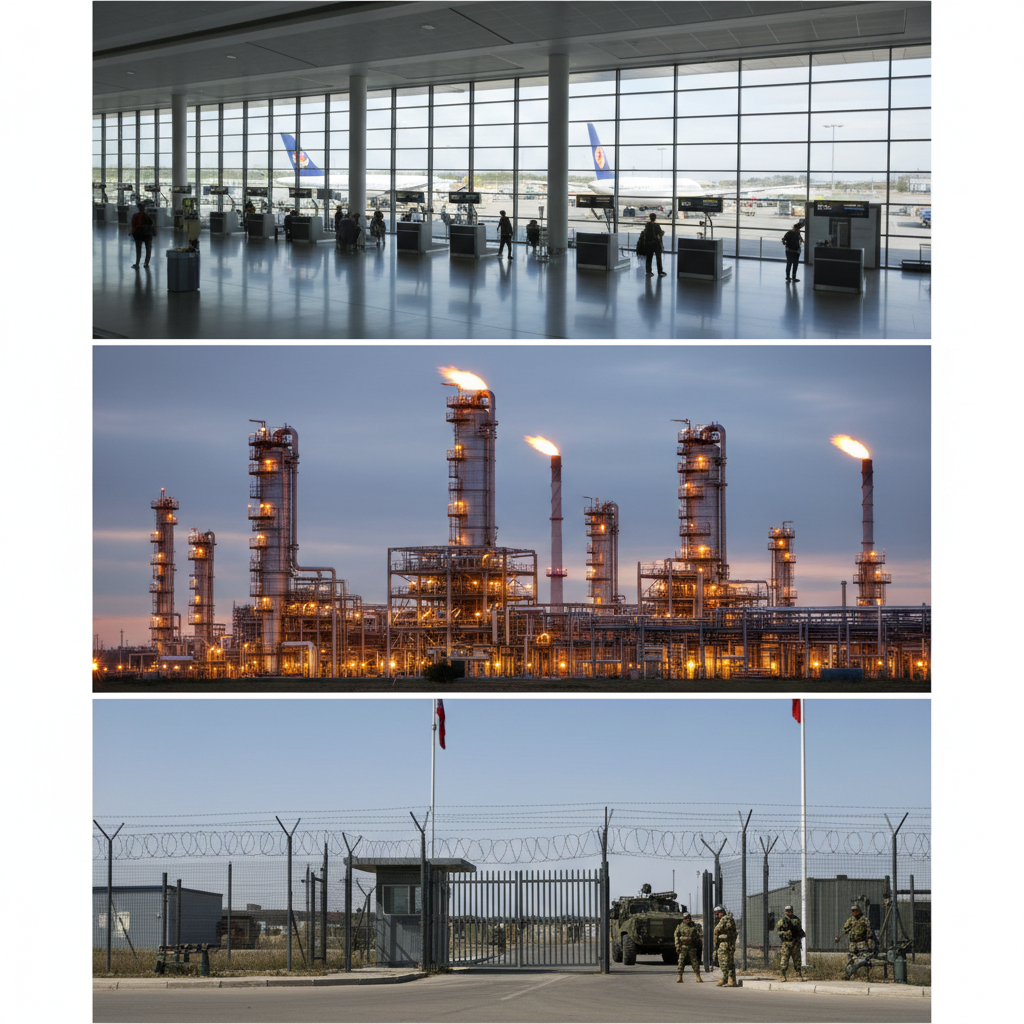 Collage of an airport terminal, an oil refinery, and a military gate, photorealistic style
