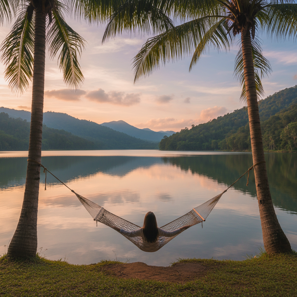 Peaceful scene of a person resting on a hammock or looking at a calm lake, serene nature atmosphere, soft lighting