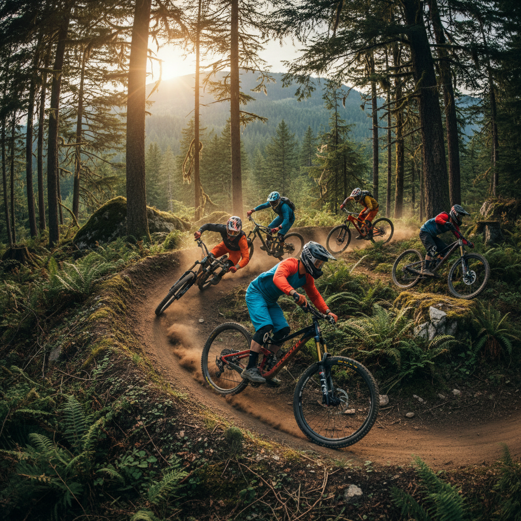 High-energy action shot of a group of mountain bikers riding together on a rugged forest trail. Multiple riders navigating jumps and berms in close formation. Photorealistic, cinematic lighting, adventure sports atmosphere, wide angle, forest mountains background.