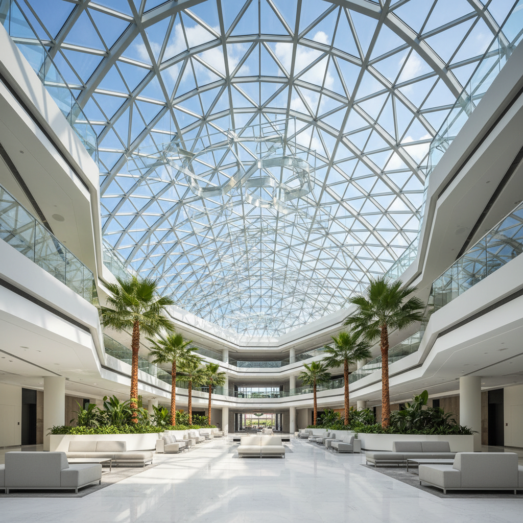 A modern, bright corporate atrium or lobby looking up towards the sky/glass ceiling, symbolizing transparency and future, photorealistic