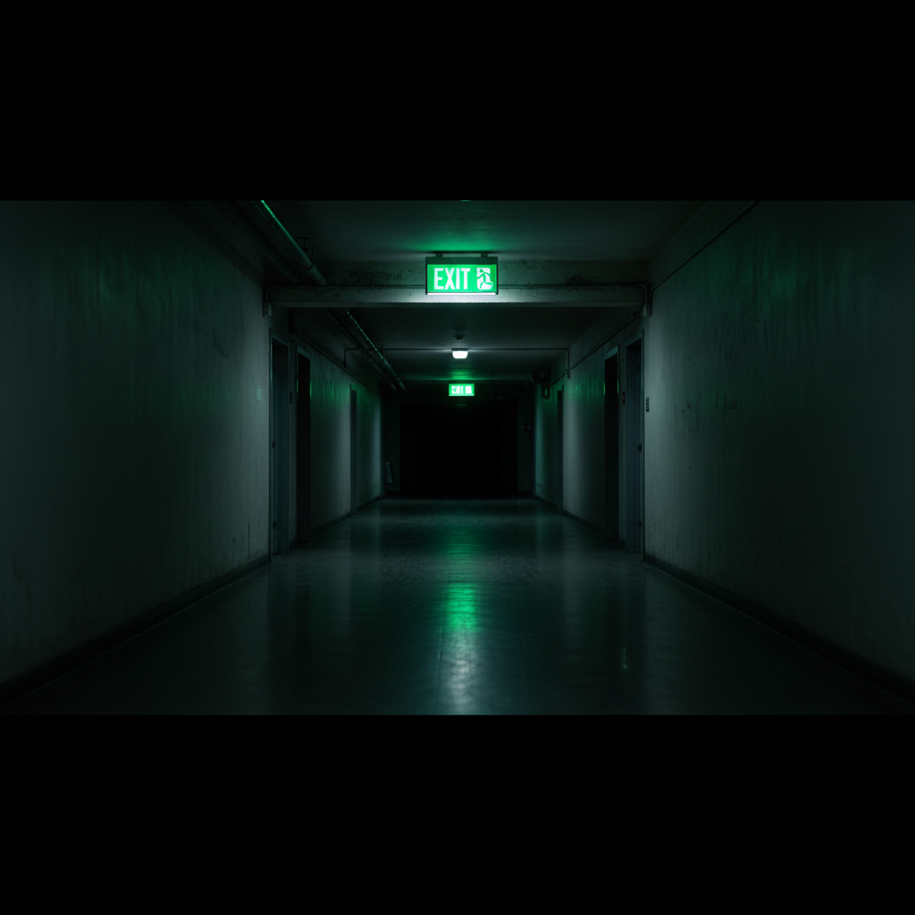 green emergency exit sign glowing in a dark corridor