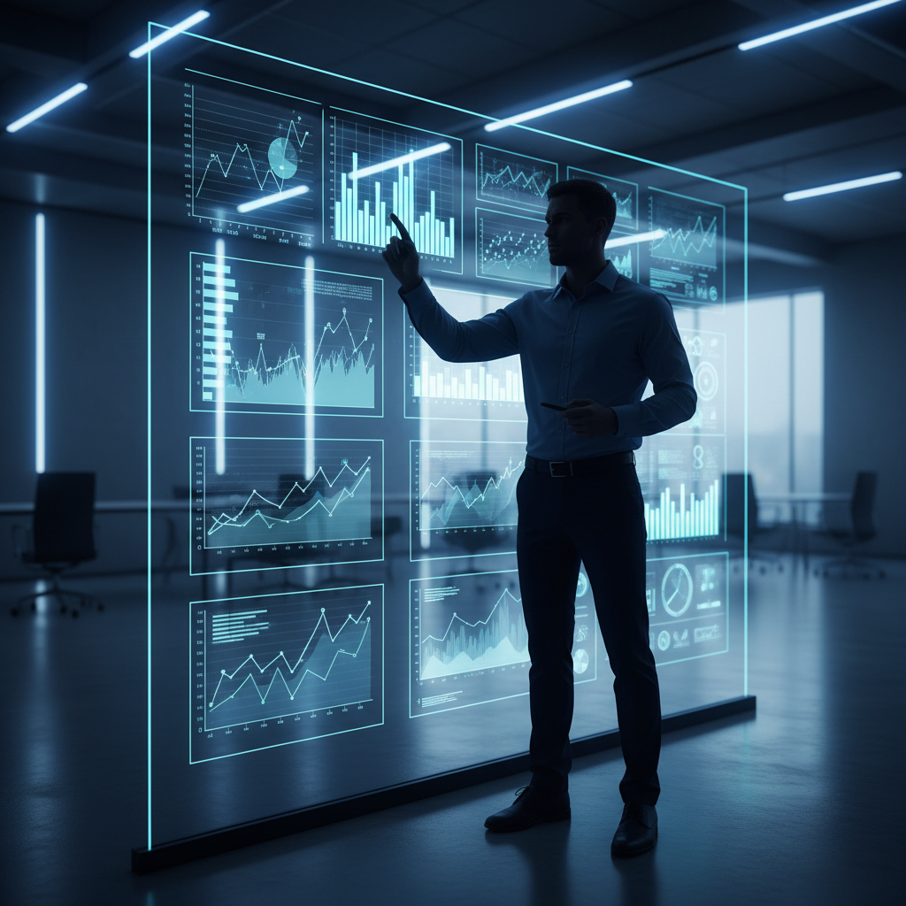 Industrial engineer silhouette analyzing charts on a glass board, professional corporate style, blue tones