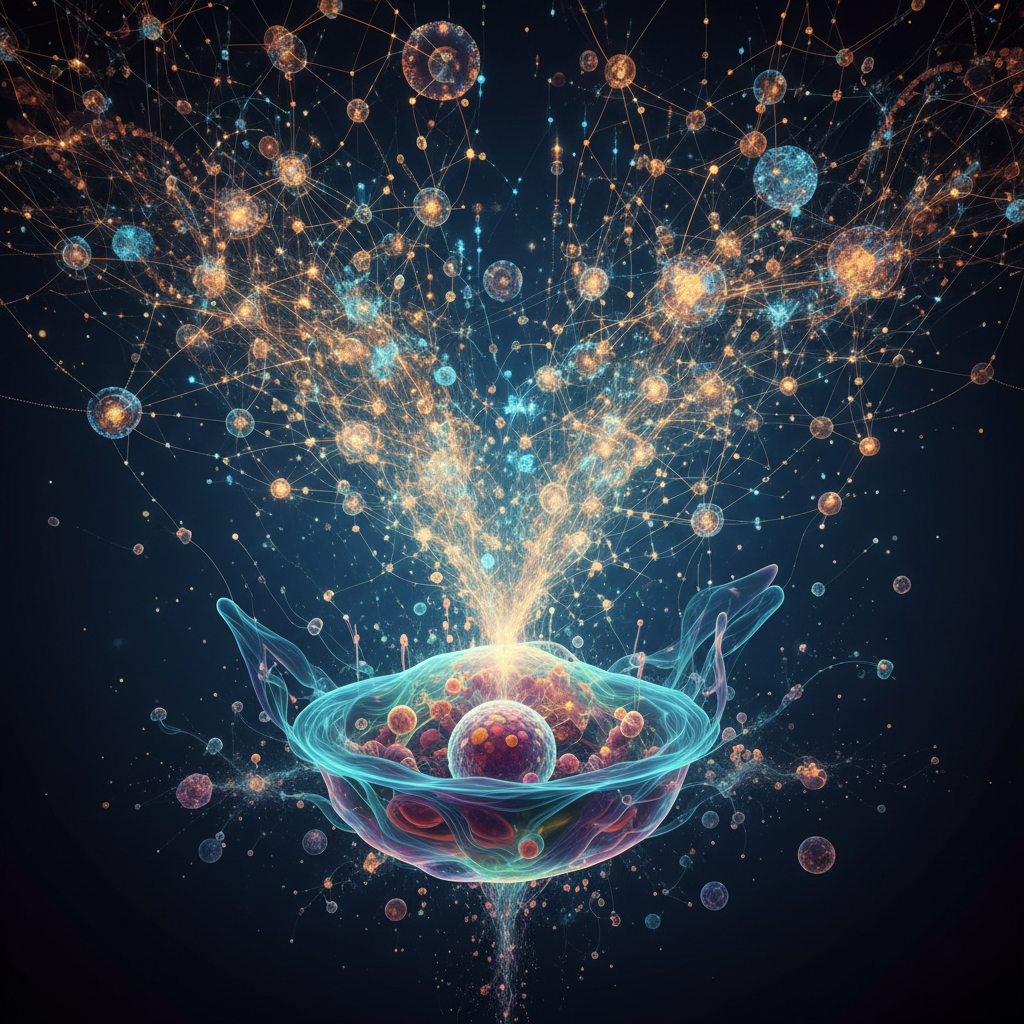 Abstract representation of rising complexity, layers of a biological cell unraveling into a complex network, symbolizing deep knowledge, digital art style.