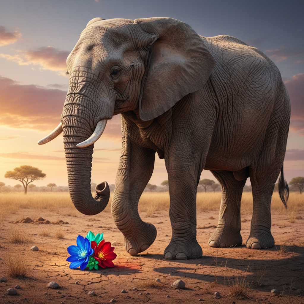 A cinematic shot of a large grey elephant standing next to a tiny colorful flower in a savanna, contrast in size