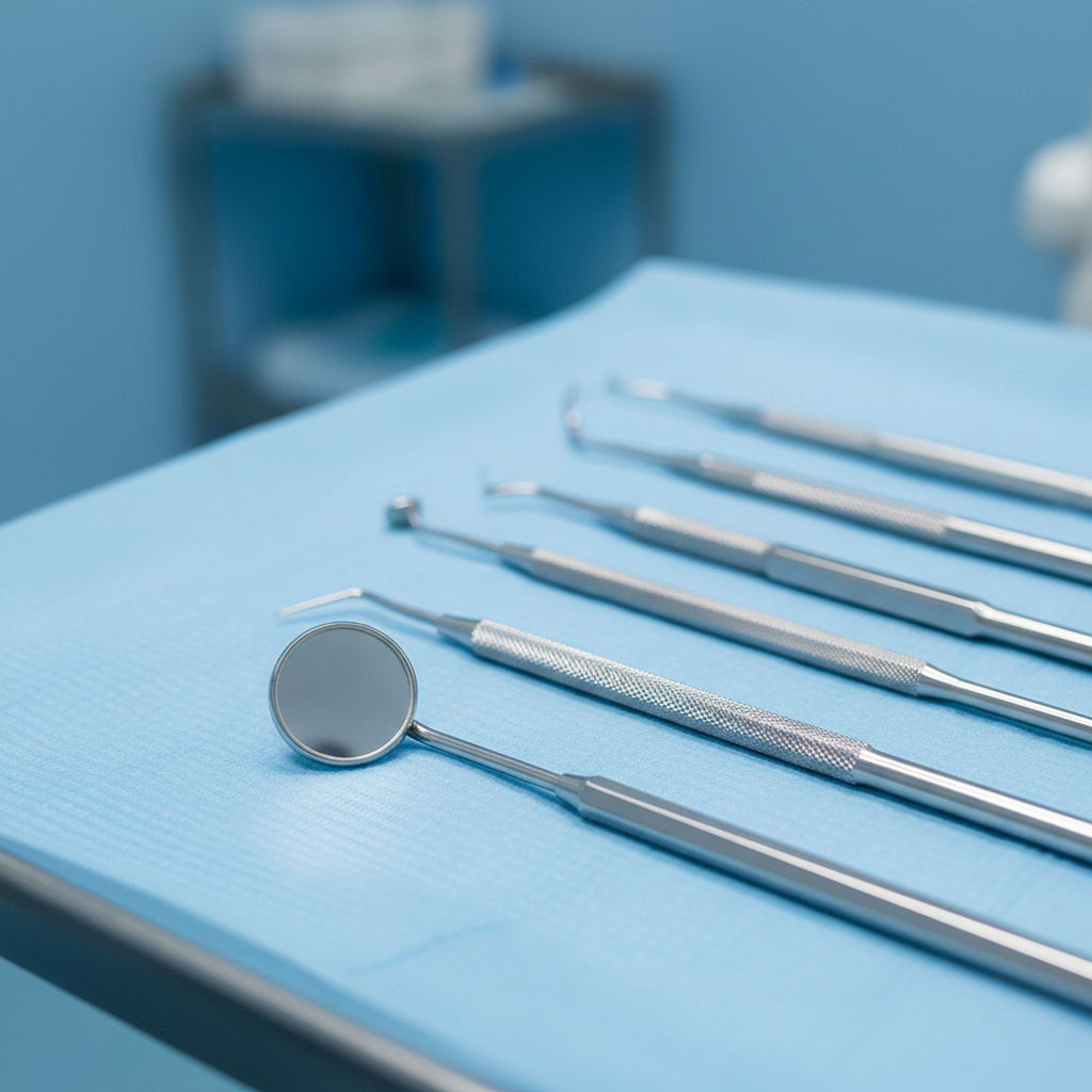 close up of dental tools, mirror and explorer on a tray, sterile blue medical environment, bright