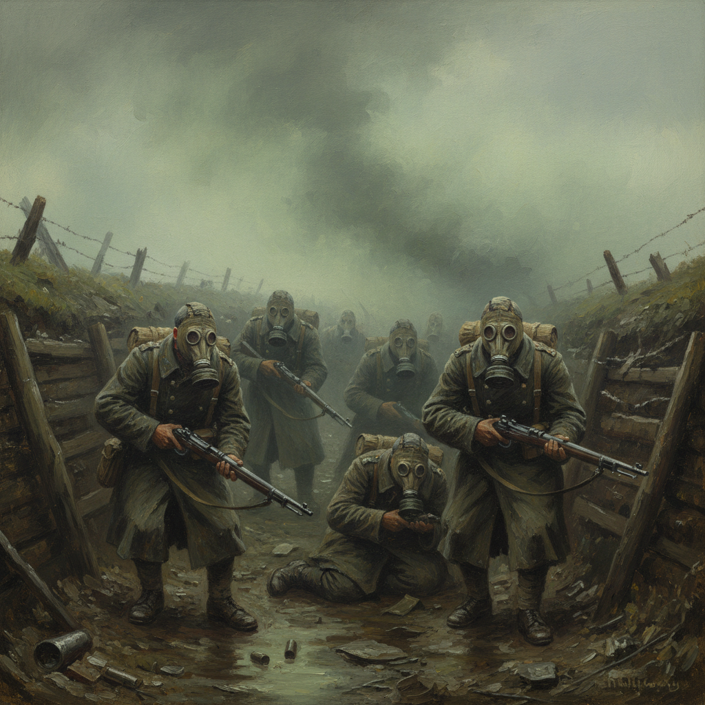 WWI soldiers wearing gas masks in a trench with greenish smoke, historical painting style, grim atmosphere
