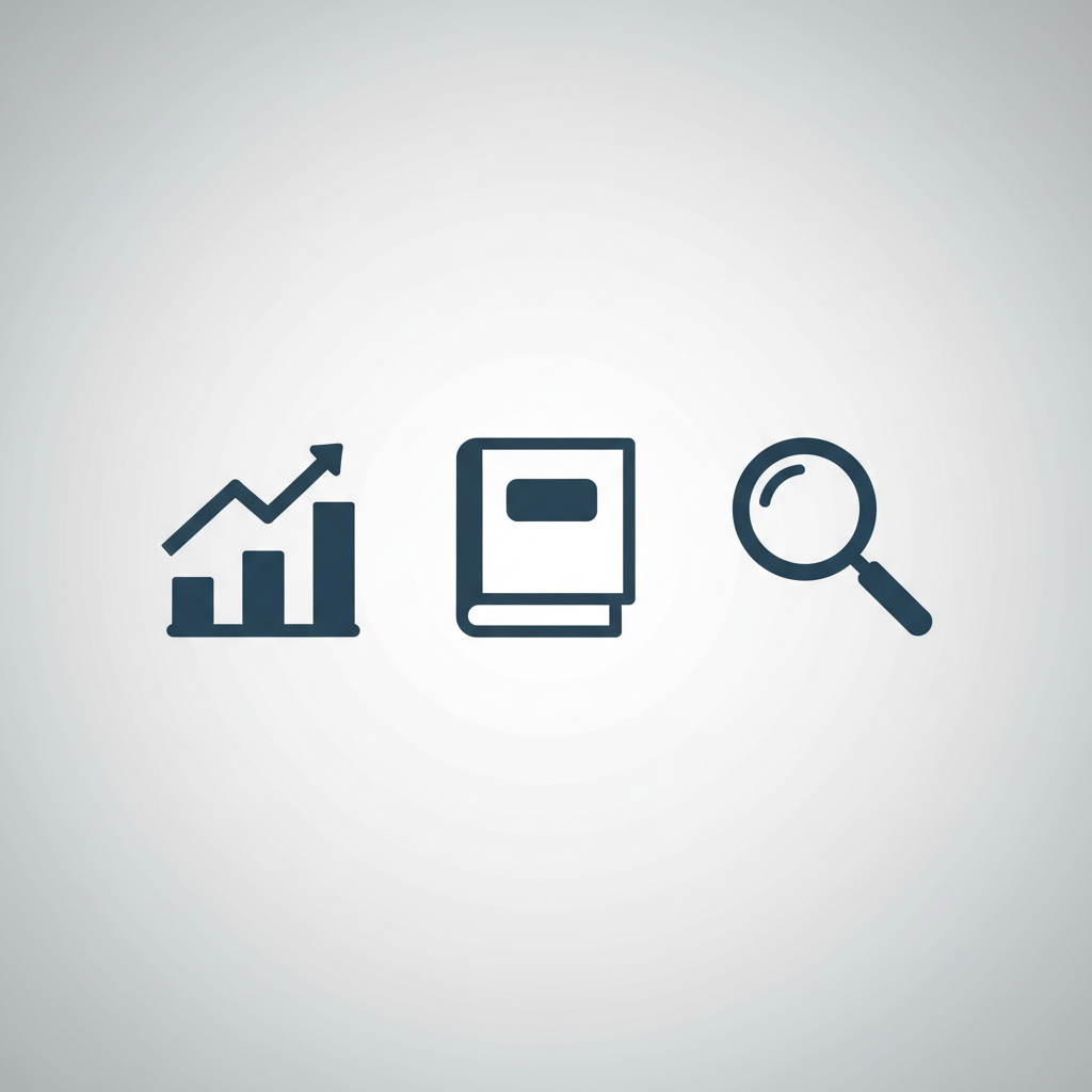 Minimalist graphic icons representing 'Analysis', 'Book', and 'Magnifying Glass', set against a clean business background