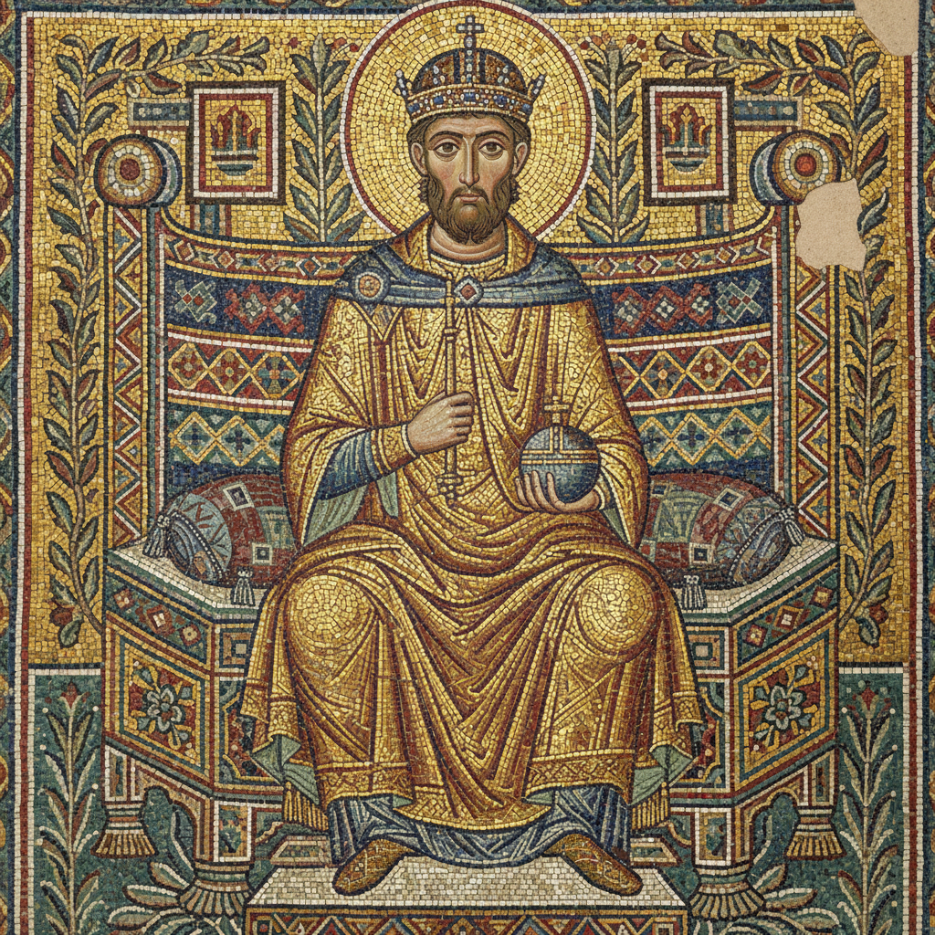 Byzantine emperor bas-relief or mosaic detail showing emperor sitting on a wide throne with cushions