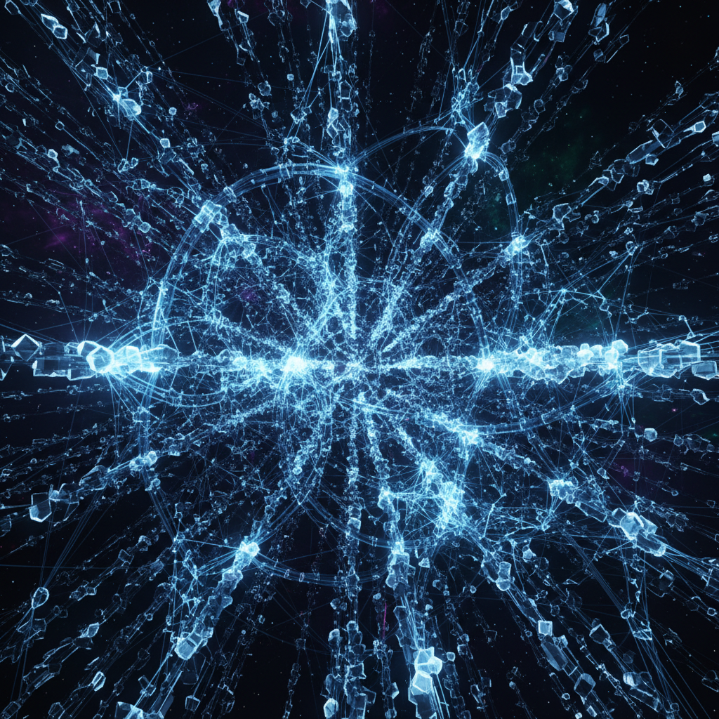 abstract 3d visualization of big data network, glowing blue connections, dark background, cinematic lighting, high tech concept