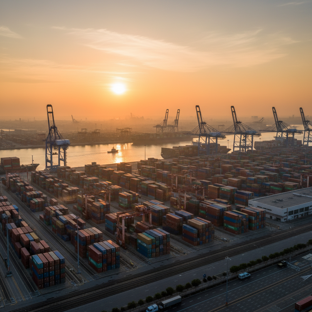 Sunrise over a modern shipping container port, symbolizing a new beginning, high quality, photorealistic