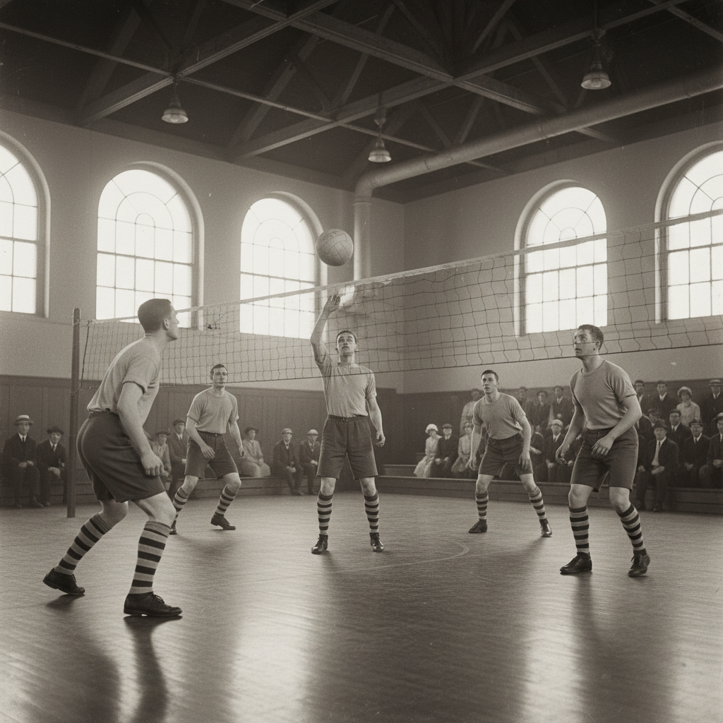 Vintage photo style of early volleyball game in gym, 1920s era, black and white conversion, old leather ball, retro sportswear