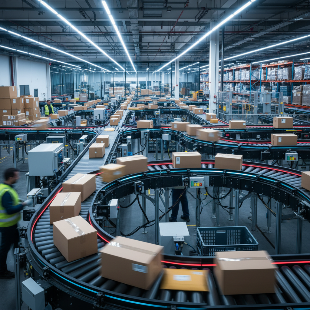 busy logistics center with conveyor belts sorting various packages, representing speed and flexibility