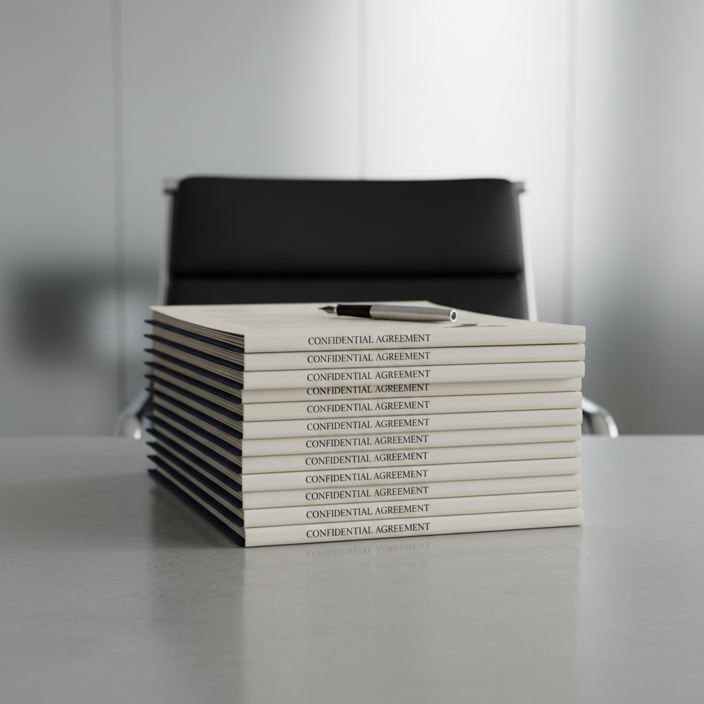 Stack of identical contract documents, serious office setting, minimalist style