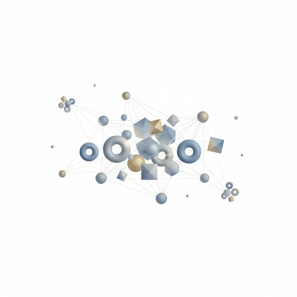 Abstract psychological profiling concept, 3d shapes connected by lines, clean minimal design, white background