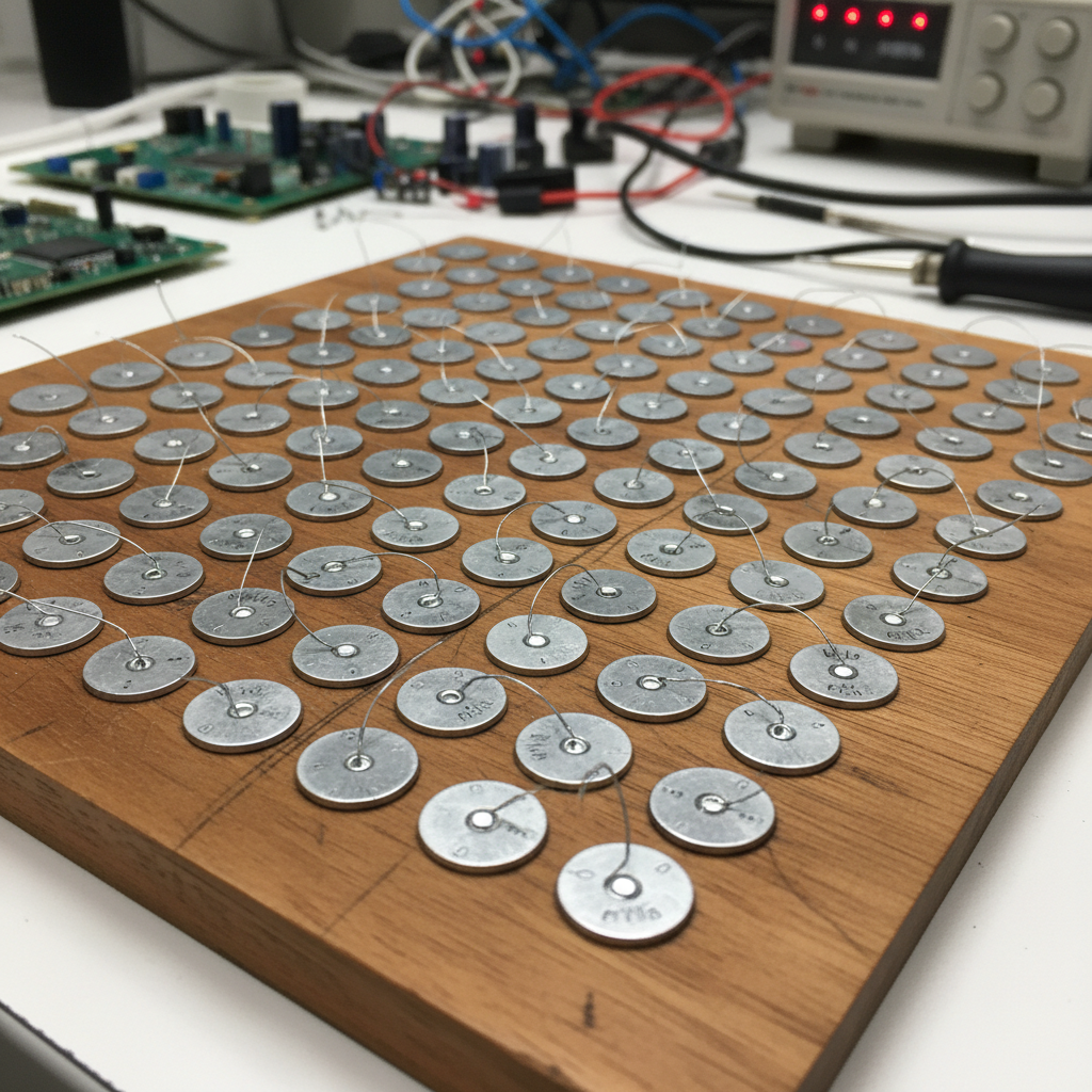 Close up of piezoelectric disc sensors arranged in a grid pattern on a wooden plate, engineering lab setting