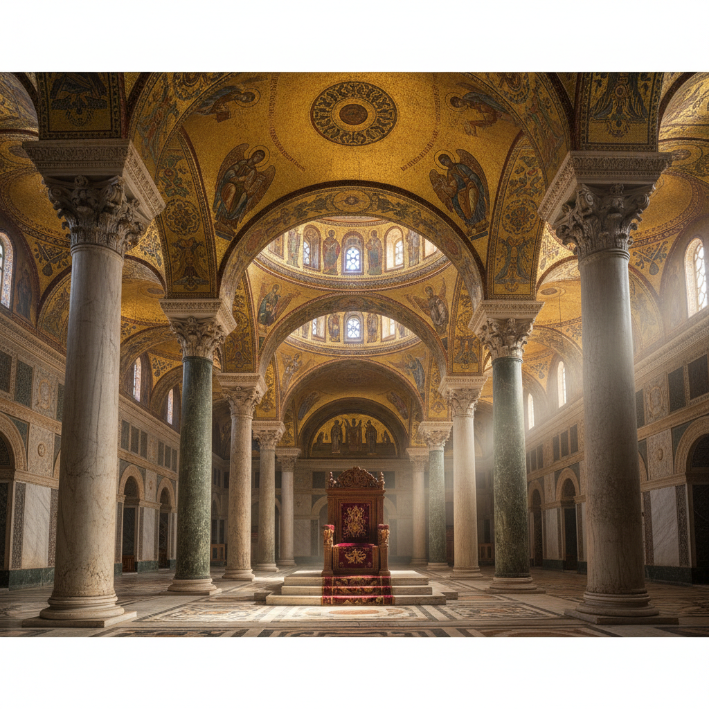 Grand Byzantine palace interior, massive marble columns, golden mosaics on vaulted ceilings, heavy wooden throne with red silk drapery in the center, atmospheric sun shafts, photorealistic, 8k, cinematic lighting
