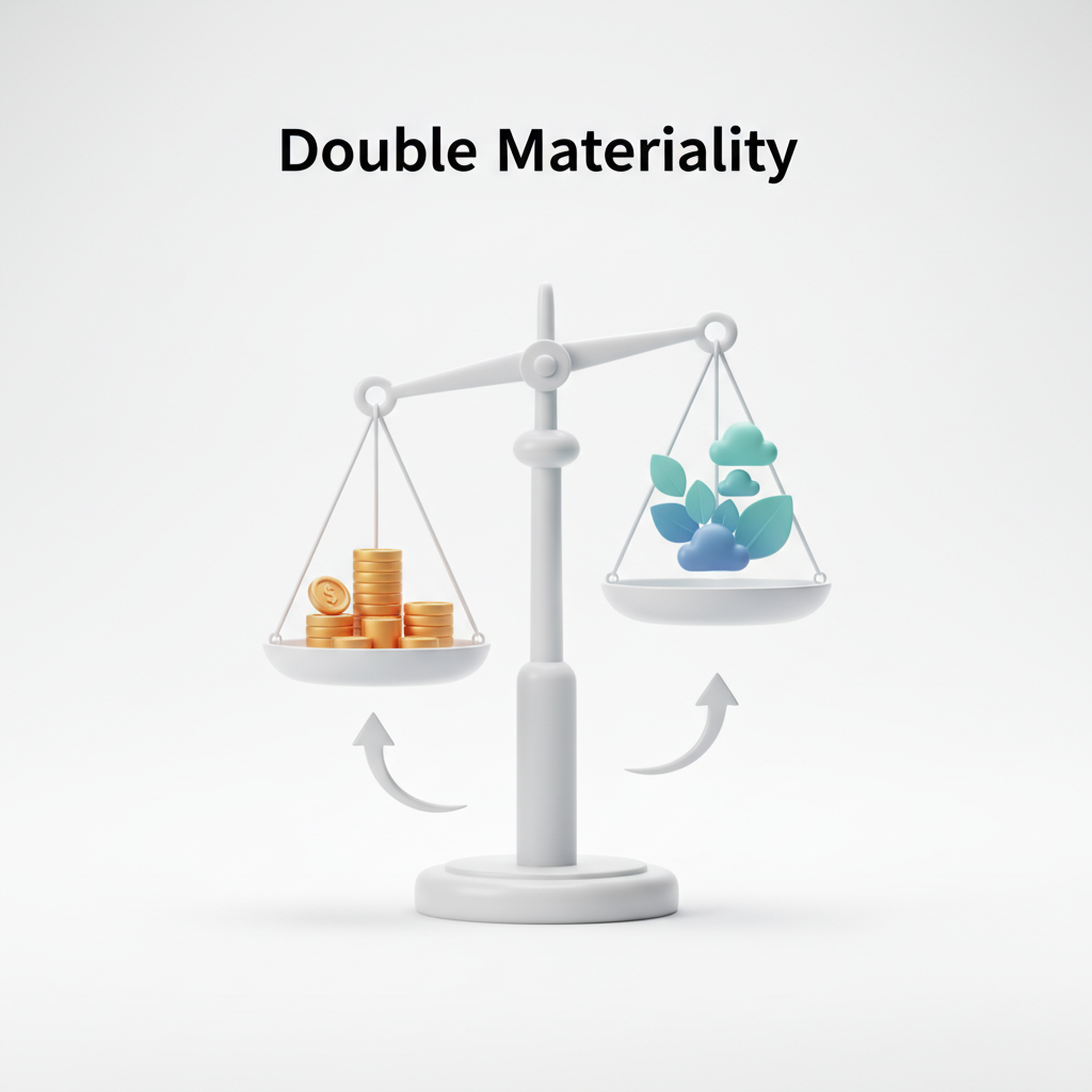 Diagrammatic representation of 'Double Materiality', scales weighing financial impact against social impact, clean minimalist vector style 3d render