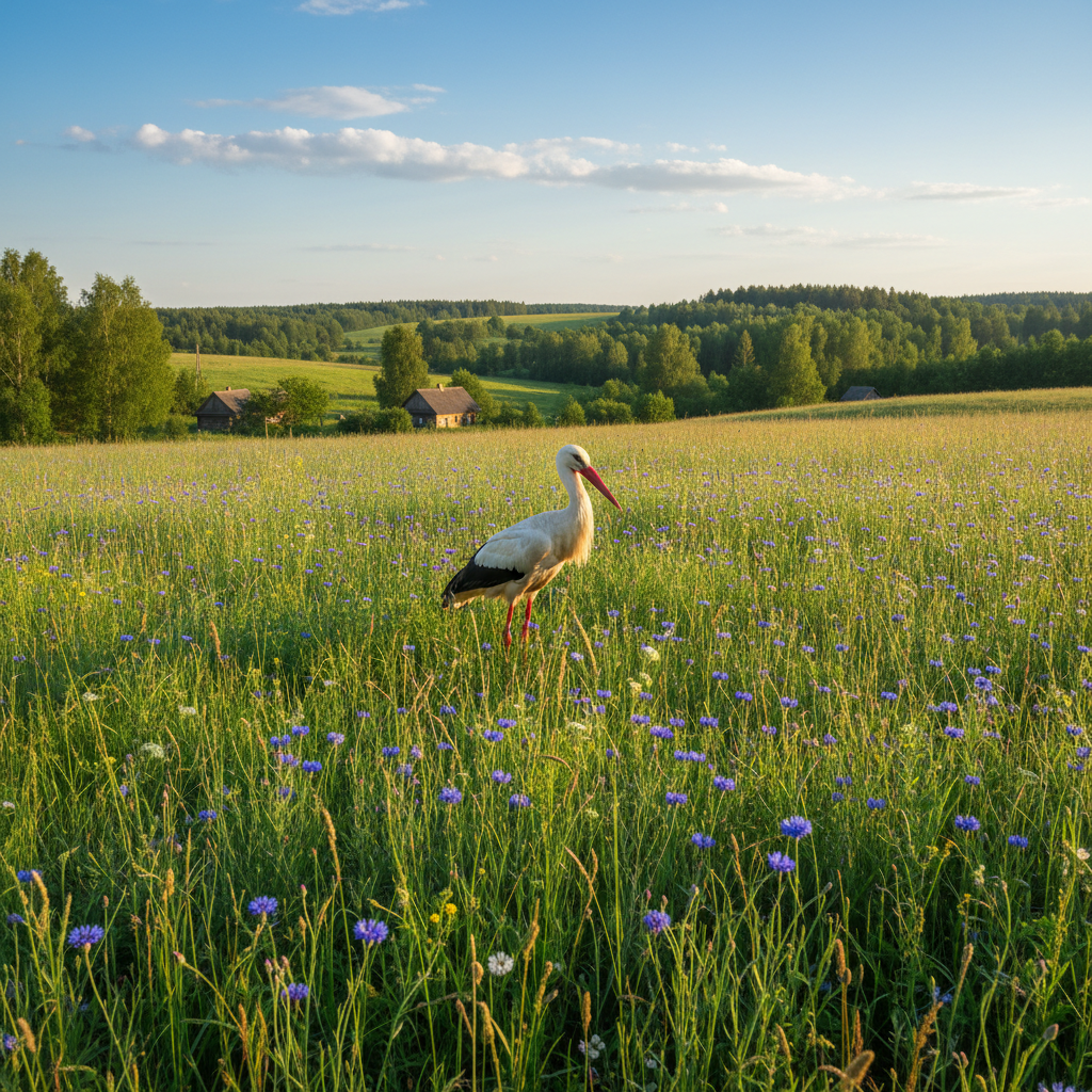 White stork standing in a lush green meadow with cornflowers, classic Belarusian landscape, sunny day, high resolution photography