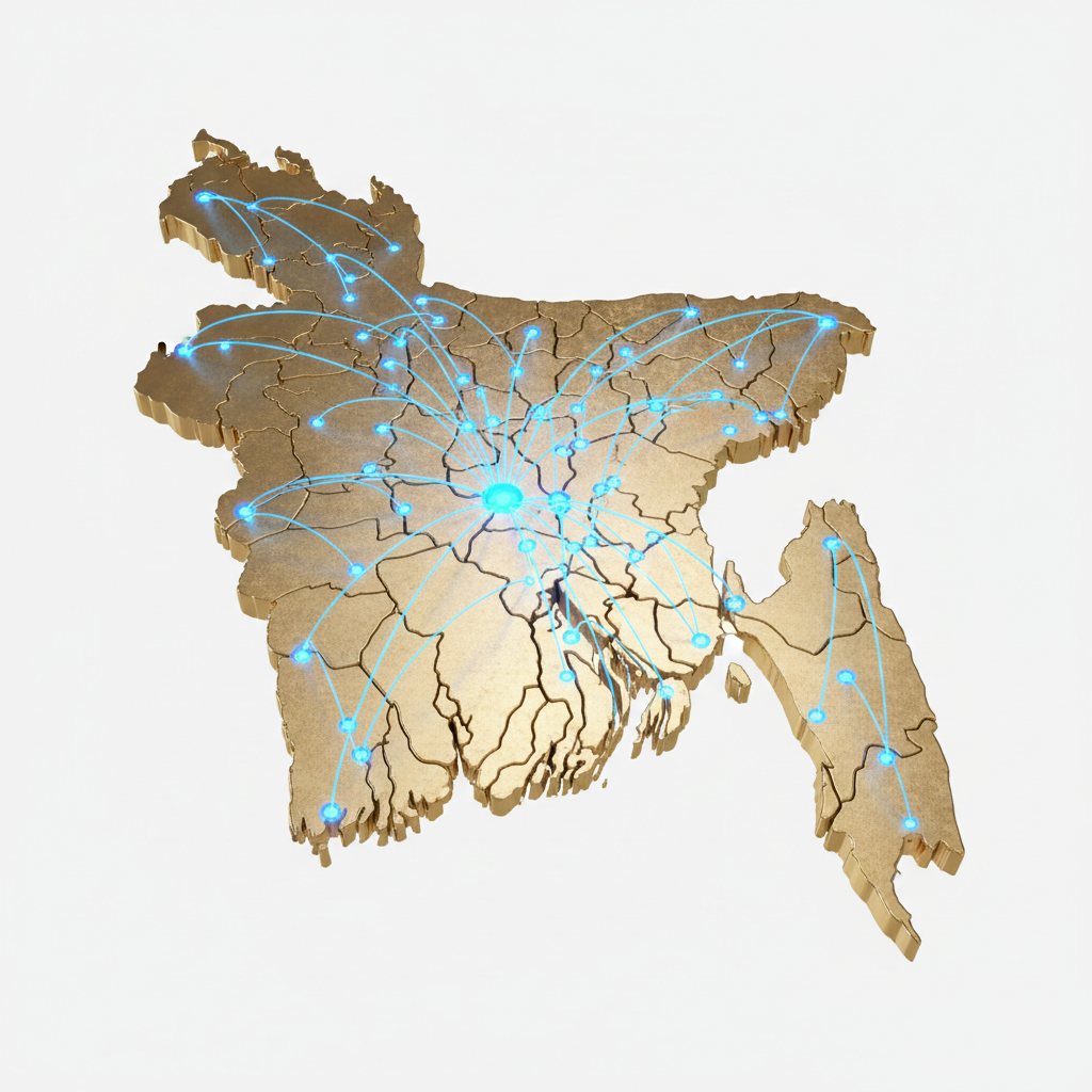 Map of Bangladesh 3D render gold and blue pins indicating network coverage, clean white background