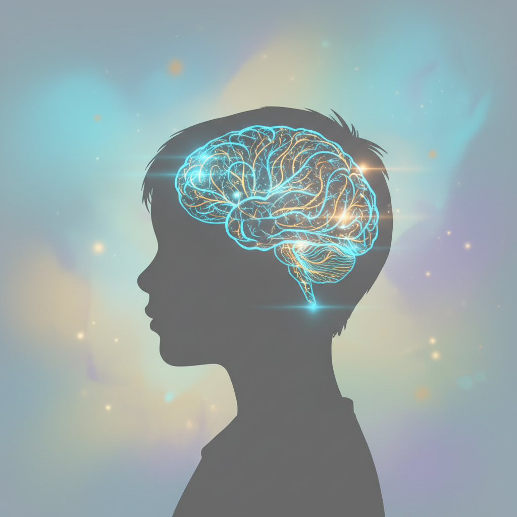 Artistic illustration of a child's silhouette profile side view, with glowing blue and gold neural connections lighting up specifically in the brain area, soft abstract background